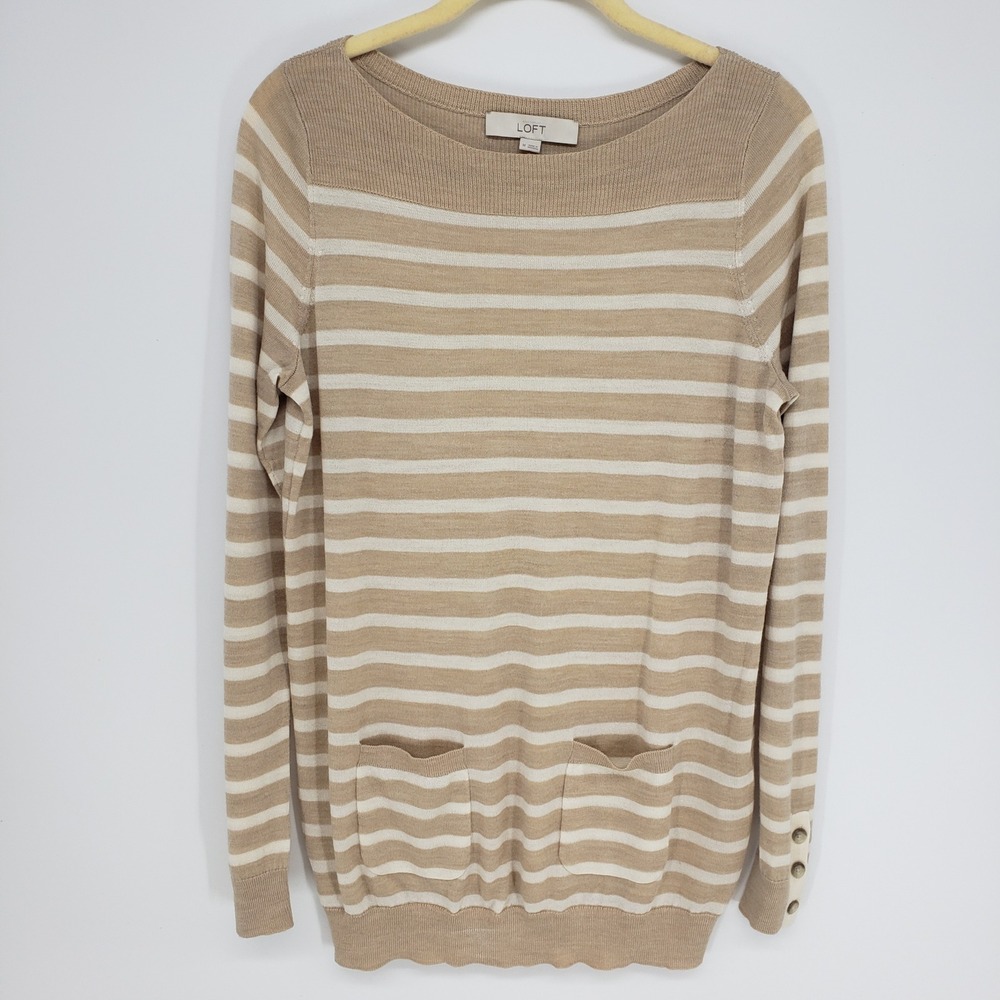 LOFT Striped Boatneck Sweater Womens Size Medium Tan White Pockets Button Cuff